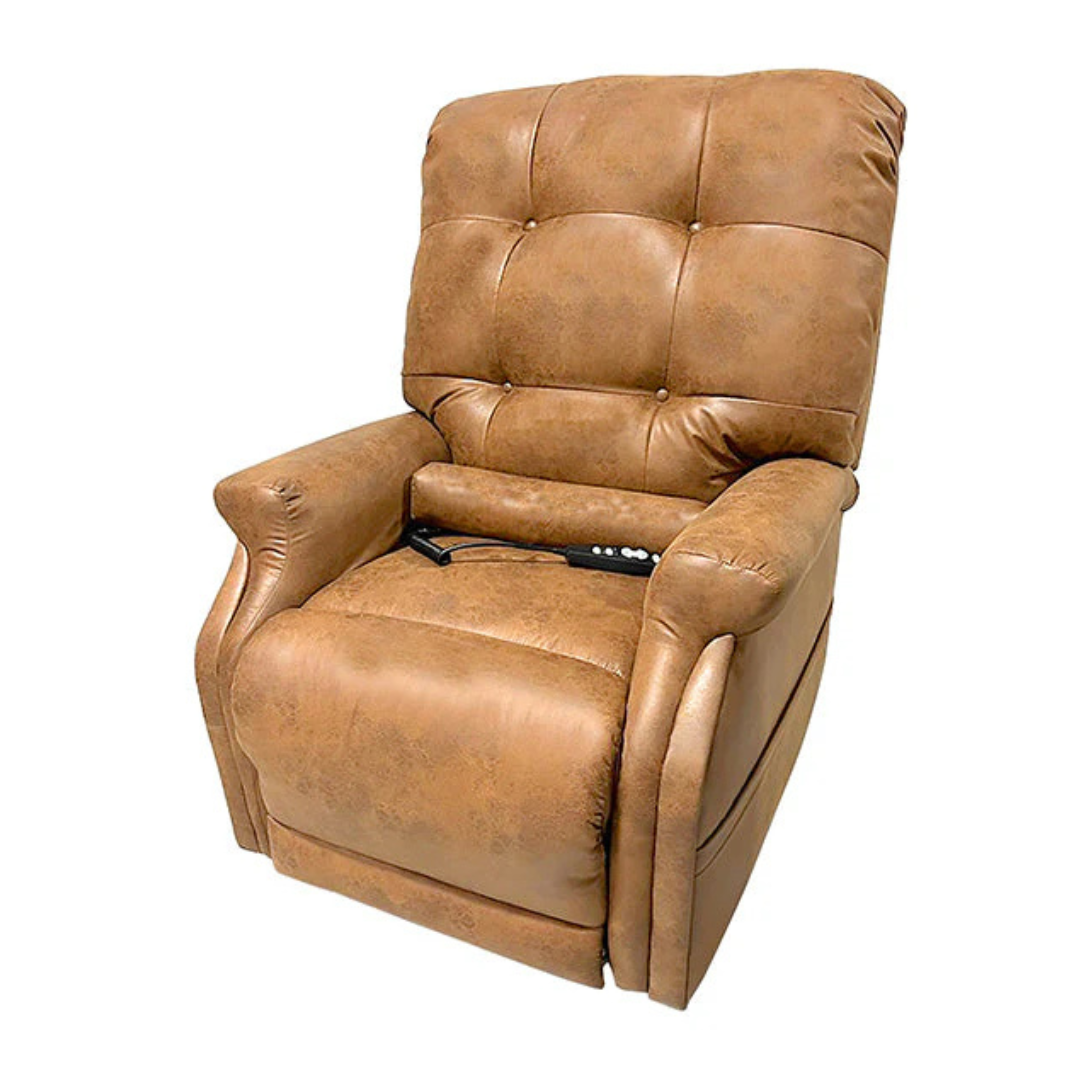 The Journey Perfect Sleep Reclining Lift Chair with Heat is a plush brown leather recliner featuring a high backrest, tufted cushioning, wide armrests, and adjustable remote-controlled settings for therapeutic heat and massage comfort.